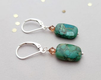 Sterling Silver and Composite Turquoise earrings, leverback or french wire, also available in 14k rose or yellow gold filled