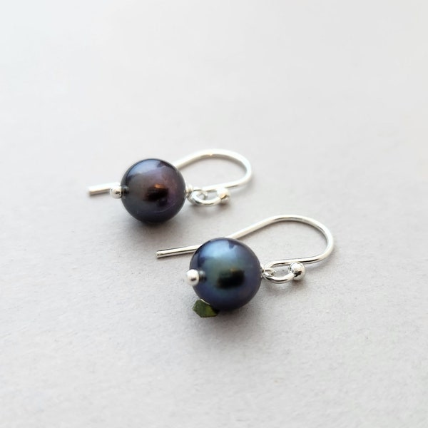 Tiny sterling silver earrings- black cultured freshwater pearl earring, leverback or french wire