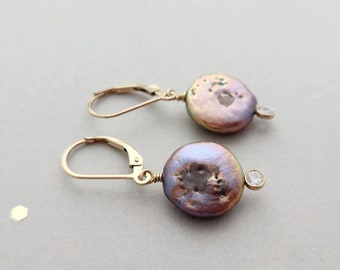 14k Gold Filled or Sterling Silver earrings with coin pearl and cz drop, leverback or french wire