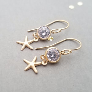Tiny 14k yellow gold filled earrings- round CZ crystal and starfish, beach vacation earrings, leverback or french wire