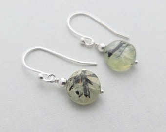Natural Prehnite faceted coin earrings in silver or gold