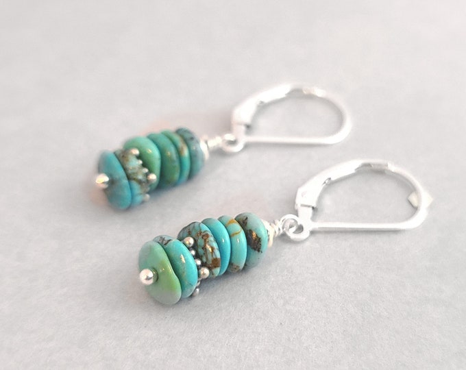 Sterling Silver and Natural Turquoise earrings, stacked turquoise beads with sterling accent beads