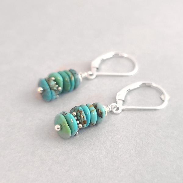 Sterling Silver and Natural Turquoise earrings, stacked turquoise beads with sterling accent beads