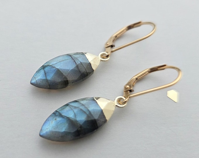 14k gold filled earrings with gold plated labradorite marquise drops, leverback or french wire