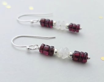 Tiny garnet and moonstone beaded stick earrings