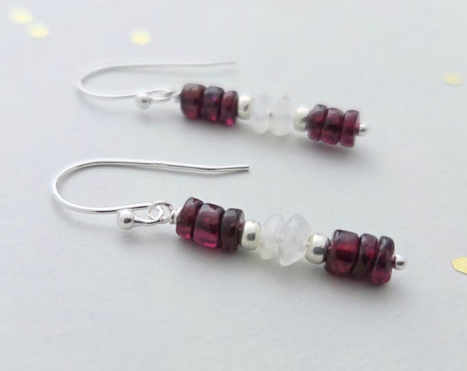 Tiny garnet and moonstone beaded stick earrings