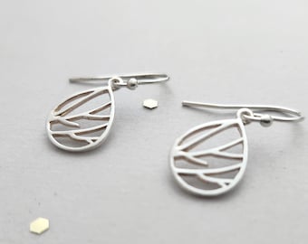 Sterling silver earrings - open teardrops with branch design - leverback or french wire