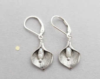 Sterling silver calla lily earrings with pearl accent - leverbacks or french wires