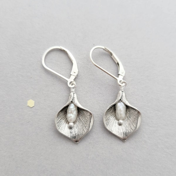 Sterling silver calla lily earrings with pearl accent - leverbacks or french wires