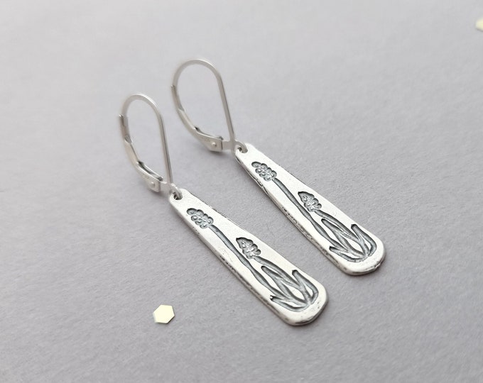 Sterling silver earrings - long tear drops - lavender stamp - french wires or leverbacks