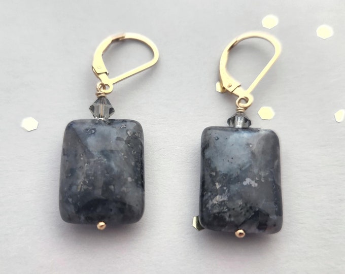 Larvikite Rectangle Earrings with Swarovski Crystal, Sterling Silver or Gold Filled