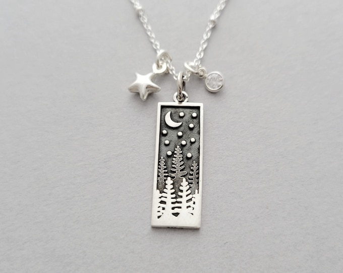 Sterling Silver Necklace with night time forest scene - moon and stars - evergreens