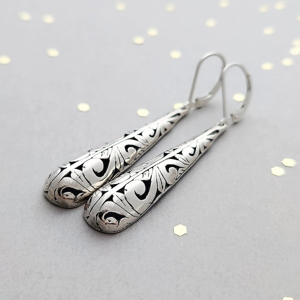 Long Sterling Silver Filigree Teardrop Earrings on french wires or leverbacks