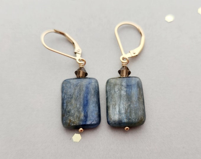 Sterling Silver and Kyanite rectangle earrings with swarovski crystal, leverback or french wire, also available in 14k yellow gold filled