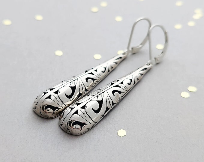 Long Sterling Silver Filigree Teardrop Earrings on french wires or leverbacks