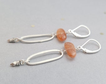Sterling Silver Earrings - Sunstone with long ovals and spike on leverbacks
