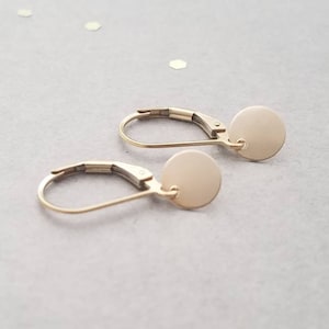 May include: A pair of gold hoop earrings with small round discs hanging from them.