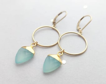 14k yellow gold filled open hoop earring earrings with blue chalcedony gemstone drops, french wire, or leverback