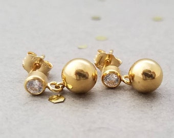 Tiny 14k yellow gold filled post earrings- 3mm CZ post with 6mm ball dangle