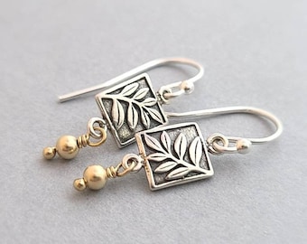 Sterling Silver Leaf Dangle Earrings with Brass or 14k Gold Filled Accent, leverback or french wire