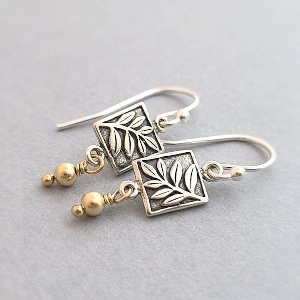 Sterling Silver Leaf Dangle Earrings with Brass or 14k Gold Filled Accent, leverback or french wire