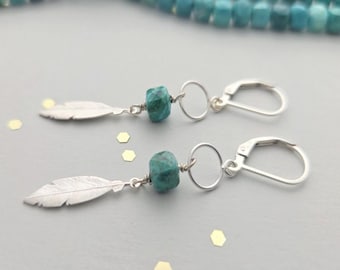 Sterling Silver Feather Dangle Earrings with Turquoise or Moonstone