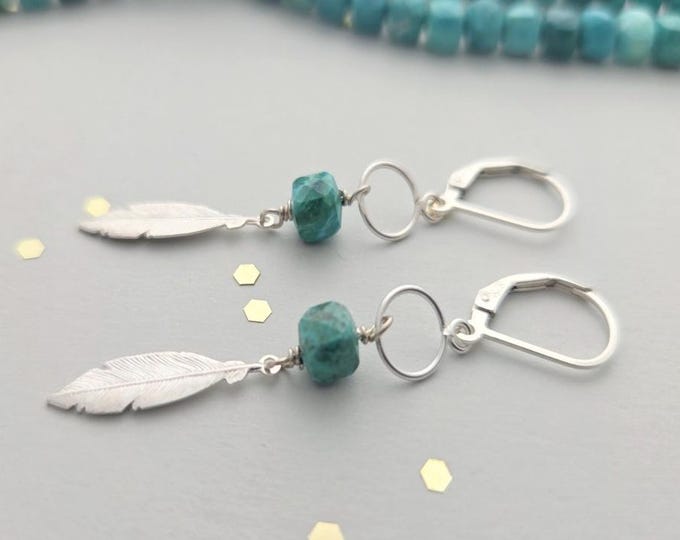 Sterling Silver Feather Dangle Earrings with Turquoise or Moonstone