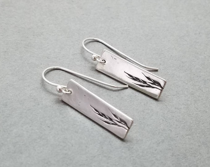 Sterling silver earrings - long rectangle drops - leaf stamp