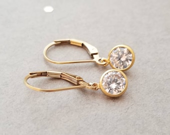 Small 14k yellow gold filled earrings- 6mm round CZ crystal, clear, leverback or french wire