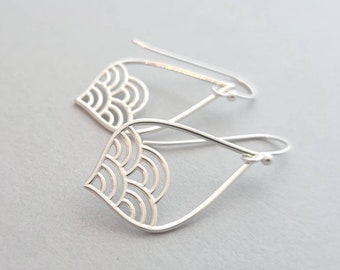 Sterling Silver earrings - large open teardrop - lightweight earrings - scallop wave pattern on French wires