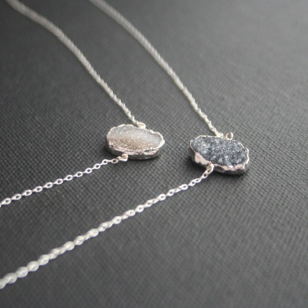 Silver Necklace with Druzy Pendant - White, Black, Gray Druzy - Natural Druzy