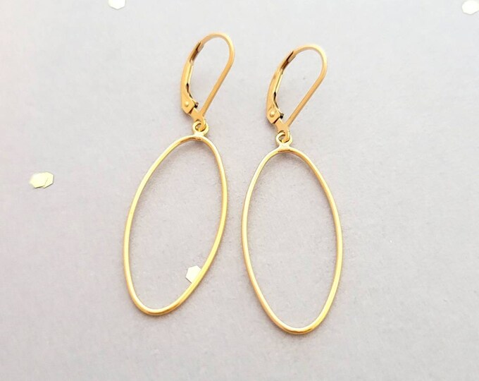 14k yellow gold filled long oval earring, french wire, or leverback