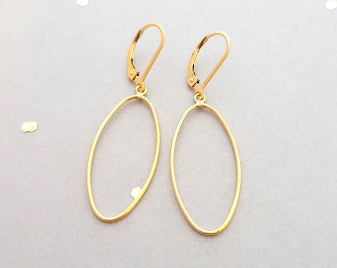 14k yellow gold filled long oval earring, french wire, or leverback