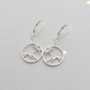 Sterling silver sun and mountain earrings - outdoor scene - leverbacks or french wires