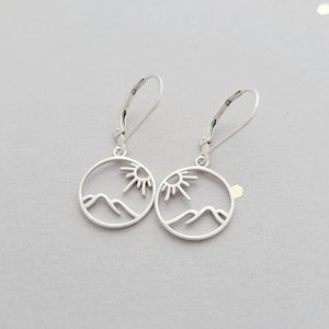 Sterling silver sun and mountain earrings - outdoor scene - leverbacks or french wires