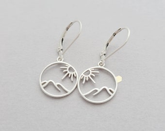 Sterling silver sun and mountain earrings - outdoor scene - leverbacks or french wires