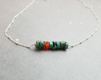 Sterling Silver Turquoise Carnelian Necklace: Simple Everyday Jewelry