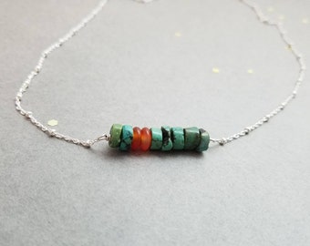 Sterling silver necklace wtih genuine turquoise and carnelian beads - also available in gold and rose gold