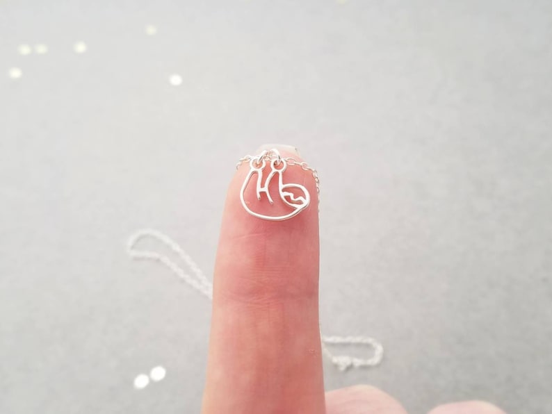 May include: A silver necklace with a small, delicate sloth pendant. The pendant is a simple outline of a sloth hanging upside down.