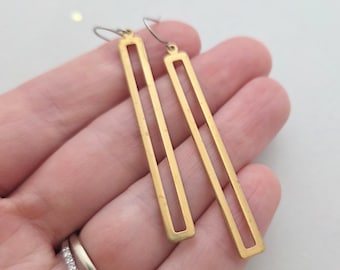 Long brass rectangle earrings