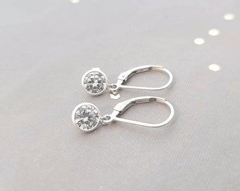 Small sterling silver earrings- 6mm round crystal CZ, french wire or leverback
