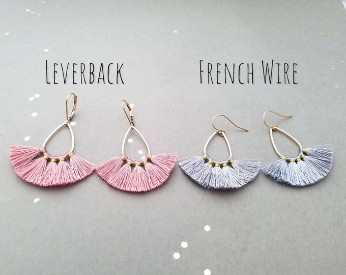 Long fringe earrings- pink or gray- gold filled leverbacks or french wires with gold tone teardrops