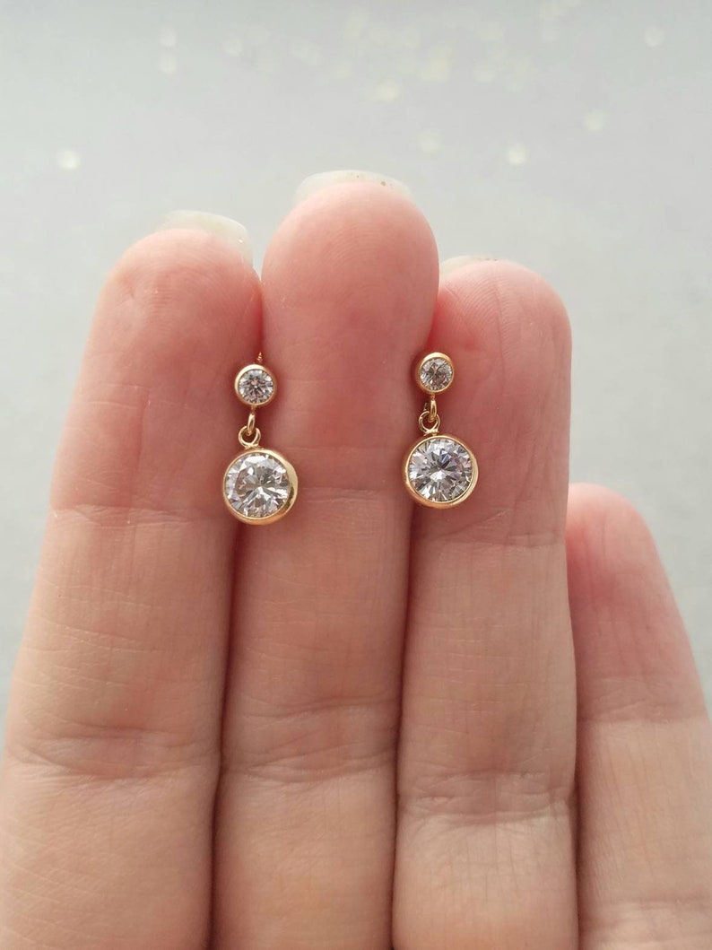 Tiny Sterling Silver post earrings- round CZ crystals 4mm post with 6mm dangle immagine 6