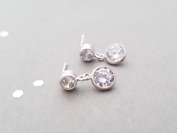 Tiny Sterling Silver post earrings- round CZ crystals 4mm post with 6mm dangle