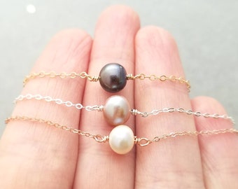 Single Pearl Necklace, White, Gray, or Pink on Sterling, or Gold Filled