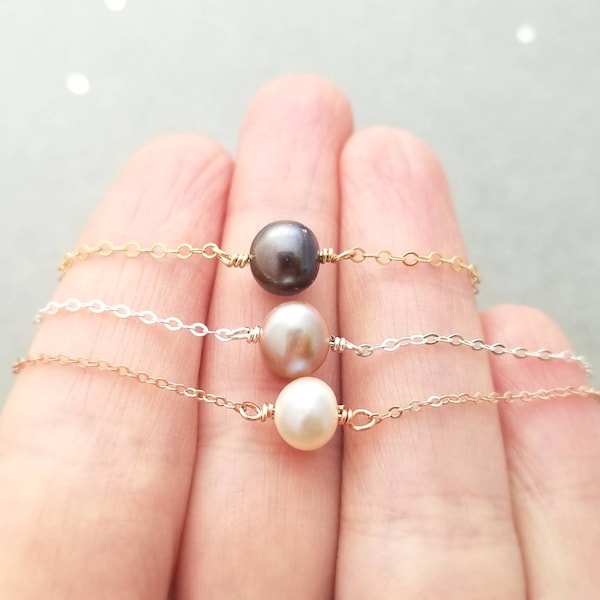 Single Pearl Necklace, White, Gray, or Pink on Sterling, or Gold Filled