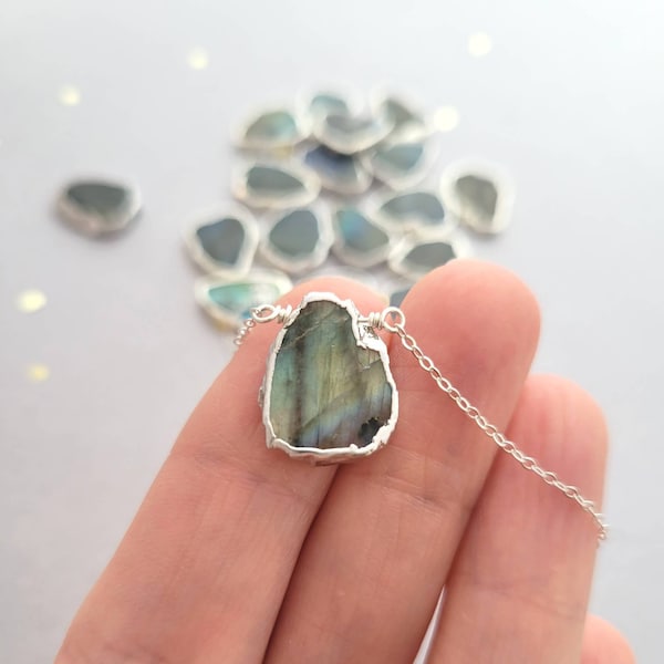 Sterling silver Necklace with silver plated Labradorite Pendant - blue green gray - highly reflective stones