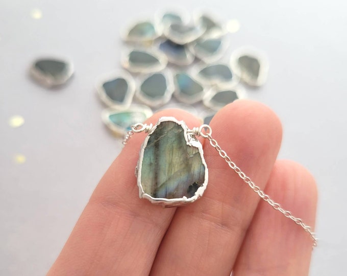 Sterling silver Necklace with silver plated Labradorite Pendant - blue green gray - highly reflective stones