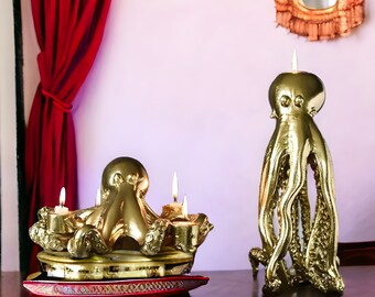 Hand made, Mothers day Gift, Golden Octopus Candlestick Ornaments Luxury Animal Candle Holder Figurines Home Living Room Desktop Decorations