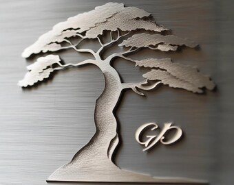 Design a lightly etched silver tree, inspired by the minimalistic elegance of Shodo ink brush art.